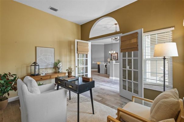 Chandelier, Home Office, Interior, Pendant Lights, Wood Texture Flooring