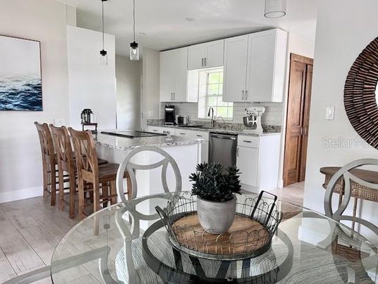 Dining room, Interior, Kitchen, Pendant Lights, Wood Texture Flooring