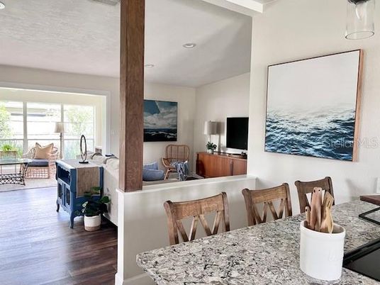 Dining room, Interior, Living room, Recessed Lighting, Wood Texture Flooring