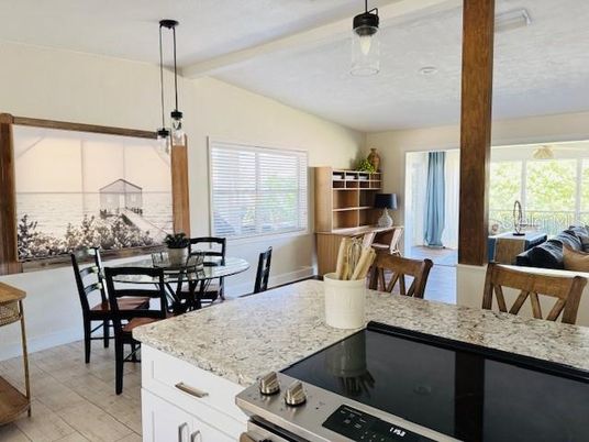 Dining room, Interior, Pendant Lights, Wood Texture Flooring