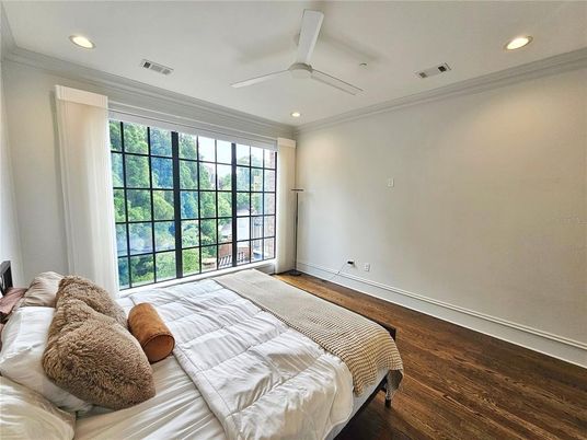 Bedroom, Interior, Recessed Lighting, Wood Texture Flooring