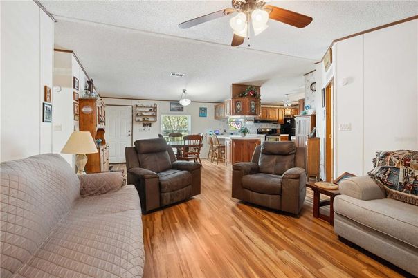 Dining room, Interior, Kitchen, Living room, Stainless Steel Appliances, Wood Texture Flooring