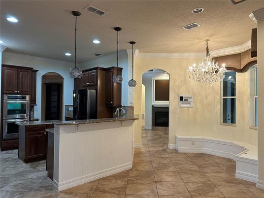 Chandelier, Interior, Kitchen, Pendant Lights, Recessed Lighting, Stainless Steel Appliances