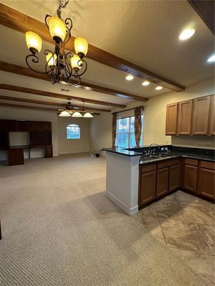 Chandelier, Interior, Kitchen, Recessed Lighting, Wooden Beams