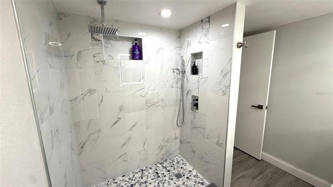 Bathroom, Interior, Marble Walls, Recessed Lighting, Wood Texture Flooring