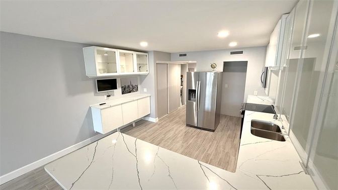 Interior, Kitchen, Recessed Lighting, Stainless Steel Appliances, Wood Texture Flooring
