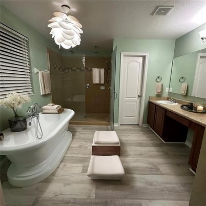 Bathroom, Chandelier, Glass Shower, Interior, Wood Texture Flooring