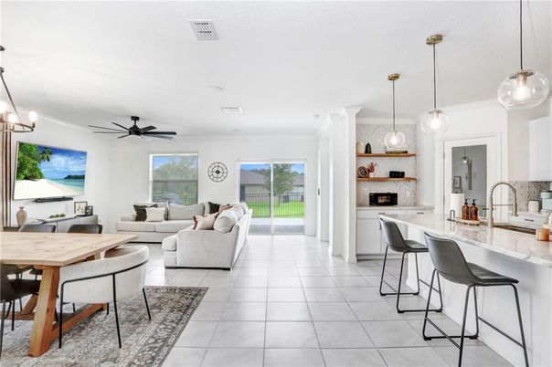 Dining room, Fireplace, Interior, Kitchen, Living room, Pendant Lights