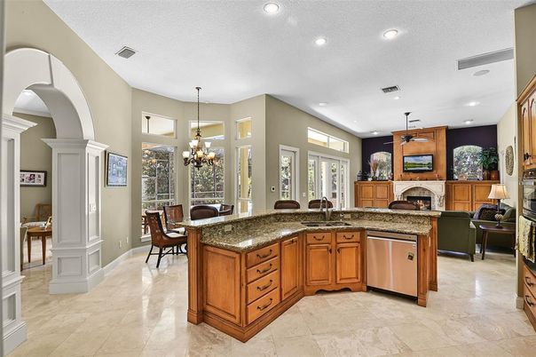 Chandelier, Dining room, Fireplace, Interior, Kitchen, Recessed Lighting