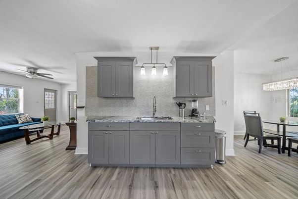 Dining room, Interior, Kitchen, Living room, Pendant Lights, Wood Texture Flooring