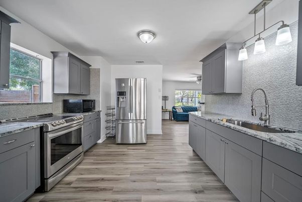 Interior, Kitchen, Pendant Lights, Stainless Steel Appliances, Wood Texture Flooring