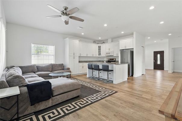 Interior, Kitchen, Living room, Recessed Lighting, Wood Texture Flooring