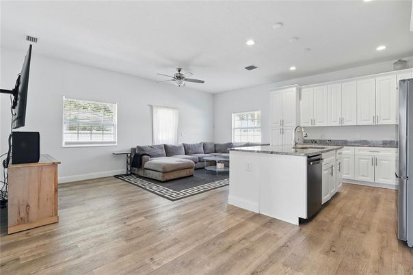 Interior, Kitchen, Living room, Recessed Lighting, Wood Texture Flooring