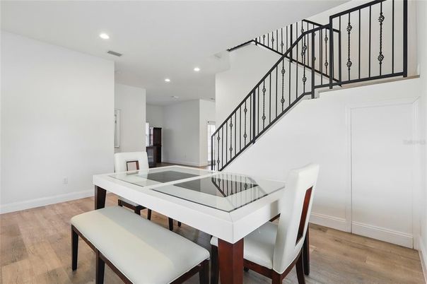 Dining room, Interior, Recessed Lighting, Wood Texture Flooring