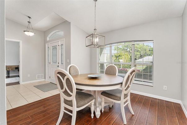 Dining room, Interior, Pendant Lights, Wood Texture Flooring