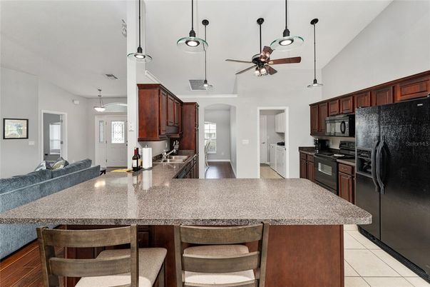 Interior, Kitchen, Pendant Lights, Wood Texture Flooring