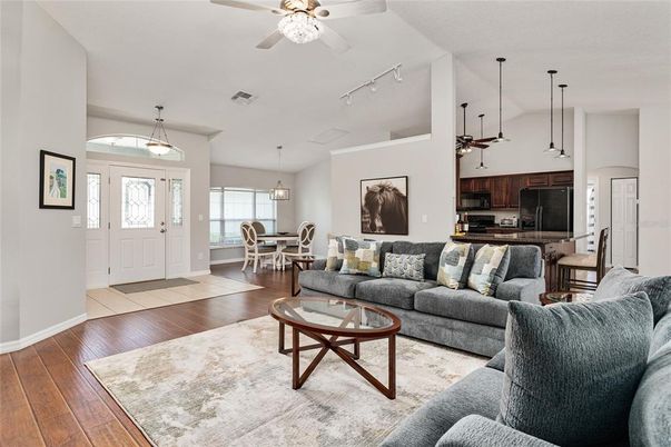 Dining room, Interior, Kitchen, Living room, Pendant Lights, Wood Texture Flooring