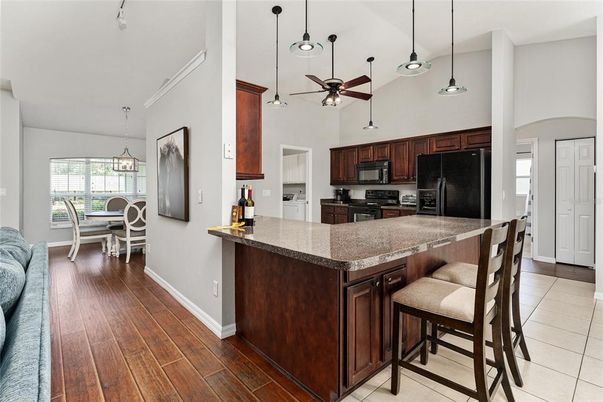 Dining room, Interior, Kitchen, Pendant Lights, Wood Texture Flooring