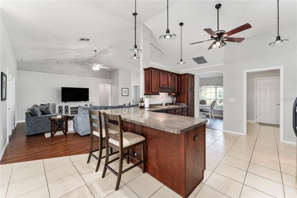 Interior, Kitchen, Living room, Pendant Lights, Wood Texture Flooring