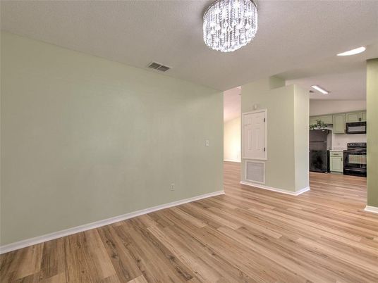 Chandelier, Empty room, Interior, Kitchen, Recessed Lighting, Wood Texture Flooring