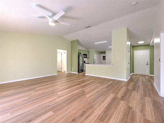 Empty room, Interior, Kitchen, Recessed Lighting, Wood Texture Flooring