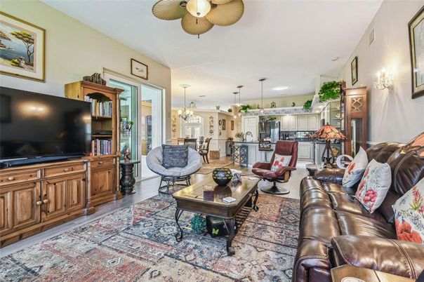 Chandelier, Dining room, Interior, Kitchen, Living room, Pendant Lights, Recessed Lighting, Wood Texture Flooring