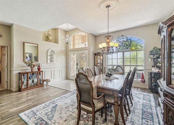Chandelier, Dining room, Interior, Wood Texture Flooring
