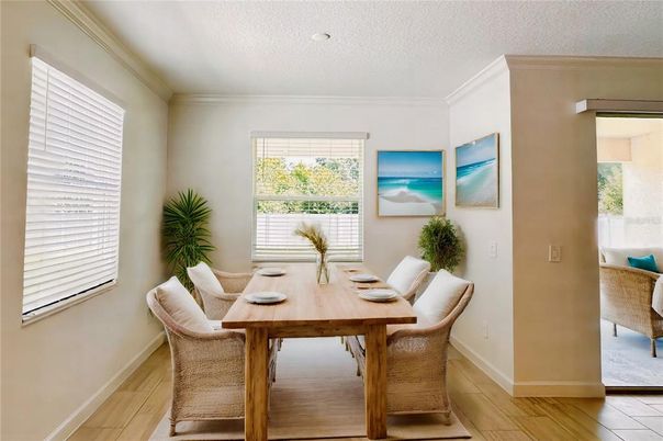Dining room, Interior, Recessed Lighting, Wood Texture Flooring