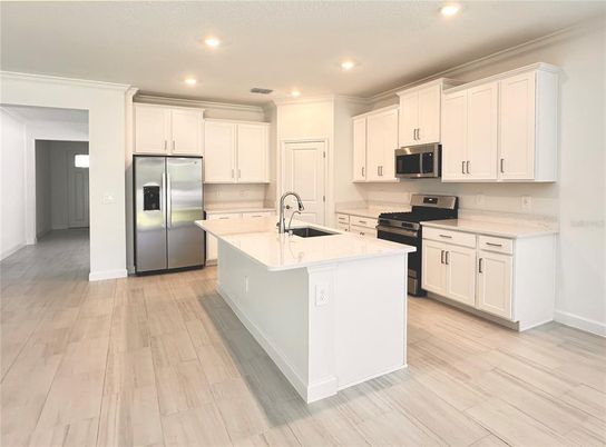 Interior, Kitchen, Recessed Lighting, Wood Texture Flooring