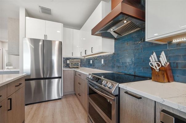 Interior, Kitchen, Recessed Lighting, Stainless Steel Appliances, Wood Texture Flooring