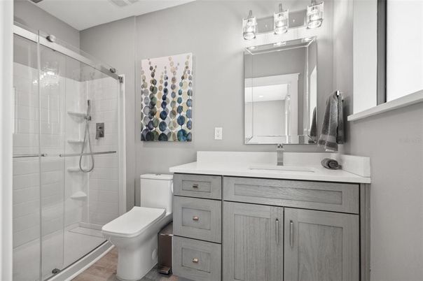 Bathroom, Glass Shower, Interior, Wood Texture Flooring