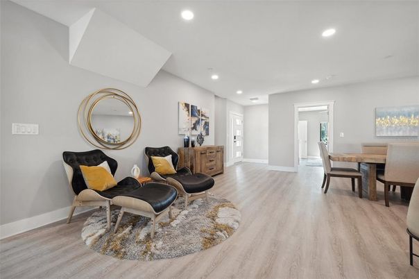Dining room, Interior, Recessed Lighting, Wood Texture Flooring