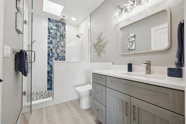 Bathroom, Glass Shower, Interior, Recessed Lighting, Wood Texture Flooring