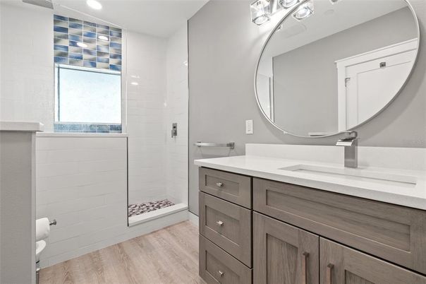 Bathroom, Interior, Recessed Lighting, Wood Texture Flooring