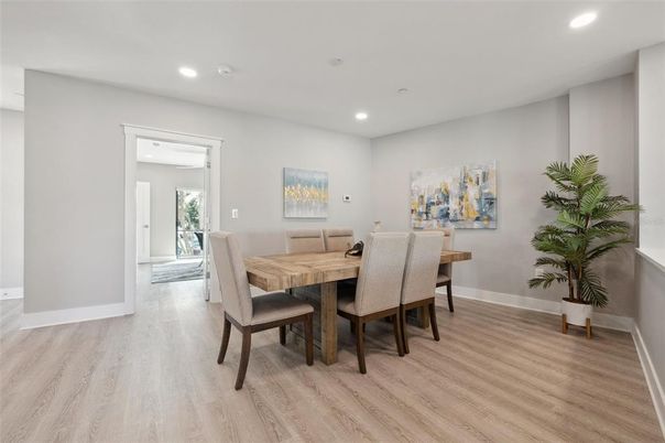 Dining room, Interior, Recessed Lighting, Wood Texture Flooring