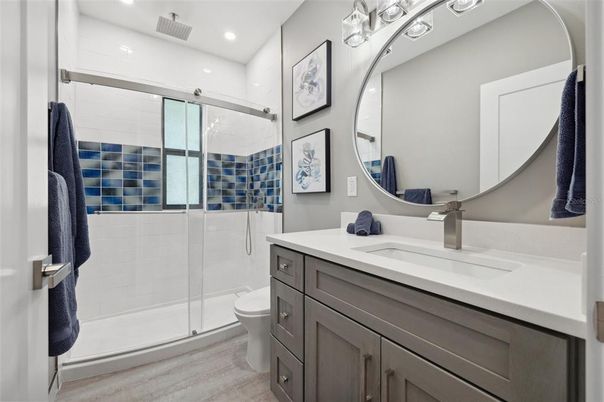 Bathroom, Glass Shower, Interior, Recessed Lighting, Wood Texture Flooring