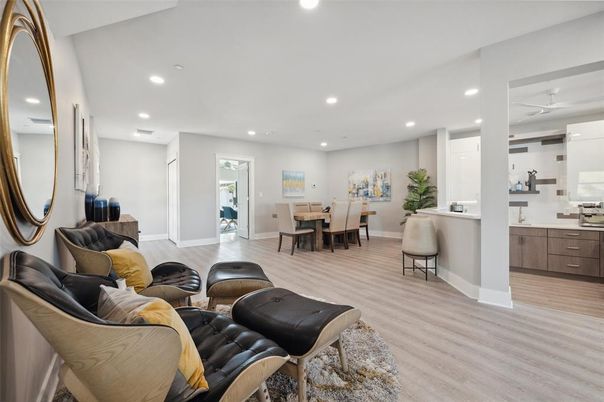 Dining room, Interior, Kitchen, Living room, Recessed Lighting, Wood Texture Flooring
