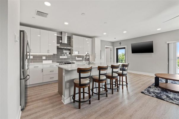 Interior, Kitchen, Recessed Lighting, Stainless Steel Appliances, Wood Texture Flooring