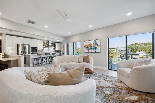 Interior, Kitchen, Living room, Recessed Lighting, Stainless Steel Appliances, Wood Texture Flooring