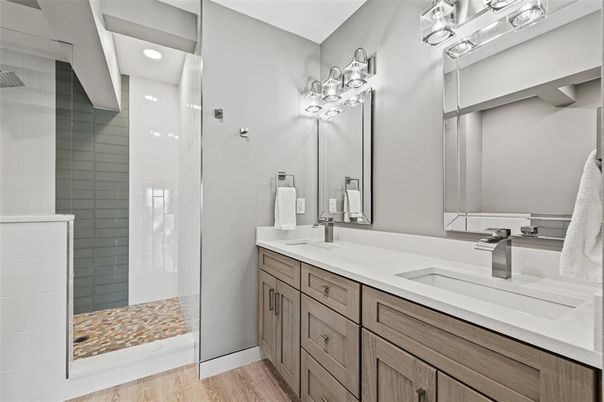 Bathroom, Dual Sink Vanities, Interior, Recessed Lighting, Wood Texture Flooring