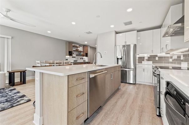 Dining room, Interior, Kitchen, Recessed Lighting, Stainless Steel Appliances, Wood Texture Flooring