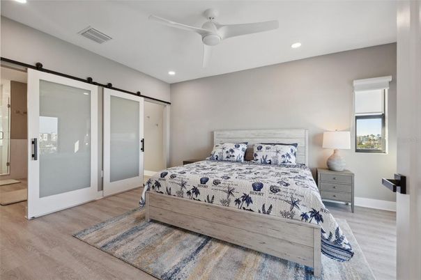 Bedroom, Interior, Recessed Lighting, Wood Texture Flooring