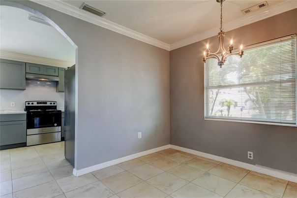Chandelier, Empty room, Interior, Kitchen, Stainless Steel Appliances