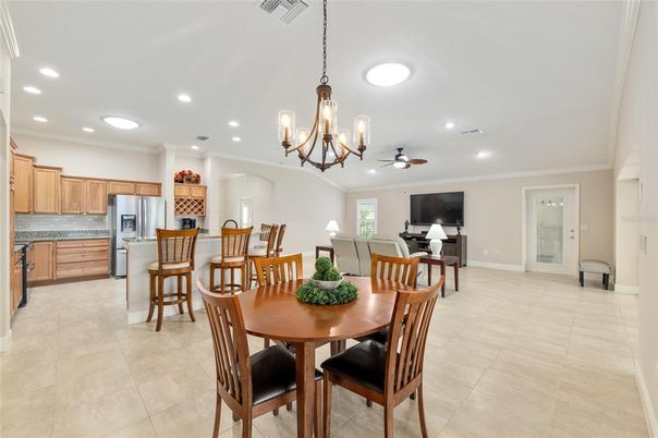 Chandelier, Dining room, Interior, Kitchen, Living room, Recessed Lighting, Stainless Steel Appliances