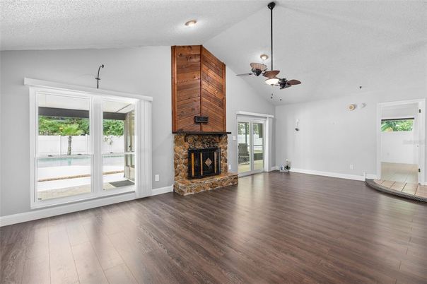 Empty room, Fireplace, Interior, Recessed Lighting, Wood Texture Flooring