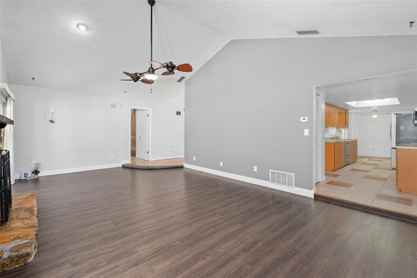 Empty room, Interior, Kitchen, Recessed Lighting, Wood Texture Flooring