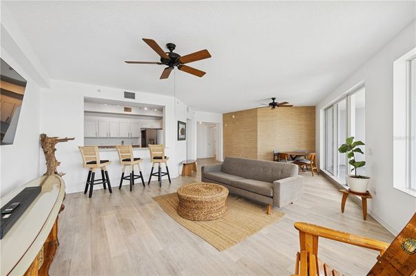 Dining room, Interior, Kitchen, Living room, Recessed Lighting, Stone Walls, Wood Texture Flooring