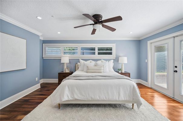 Bedroom, Interior, Recessed Lighting, Wood Texture Flooring