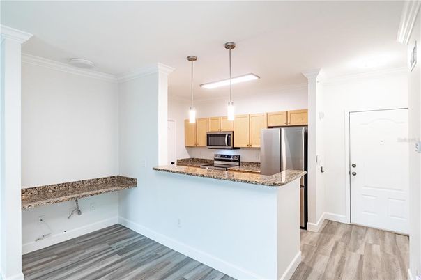 Interior, Kitchen, Pendant Lights, Stainless Steel Appliances, Wood Texture Flooring