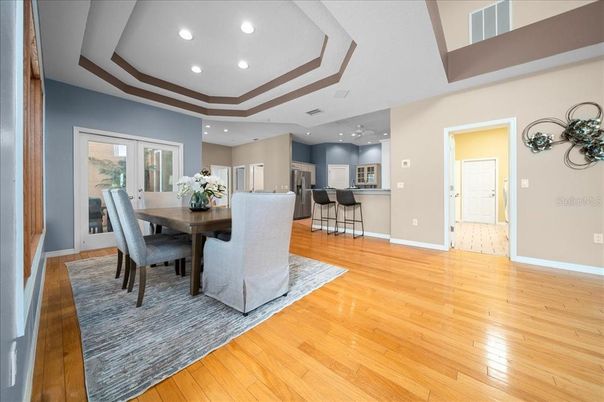 Dining room, Interior, Recessed Lighting, Wood Texture Flooring